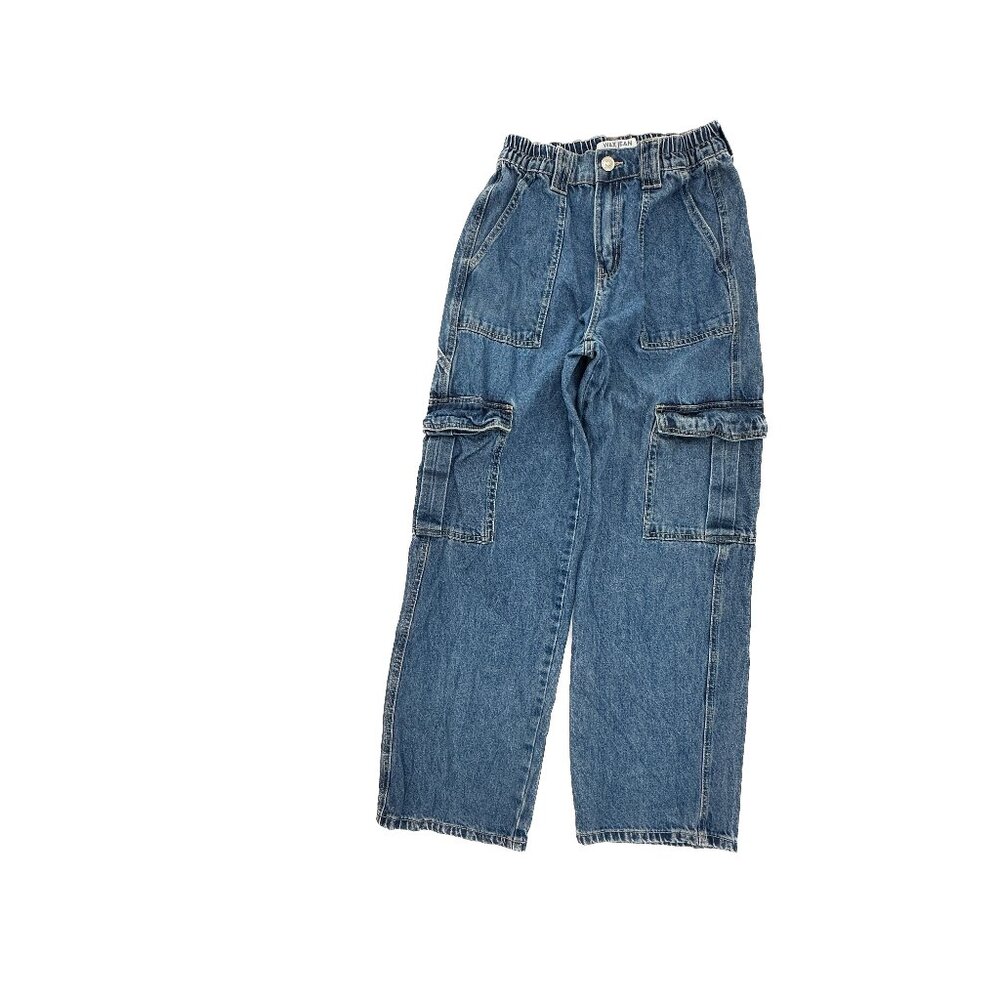 Wax Jean Elastic Waist Baggy Cargo Pockets Women's size S Small Dark Blue Jeans